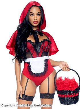 Red Riding Hood, teddy costume, lace ruffles, built-in garter belt strap